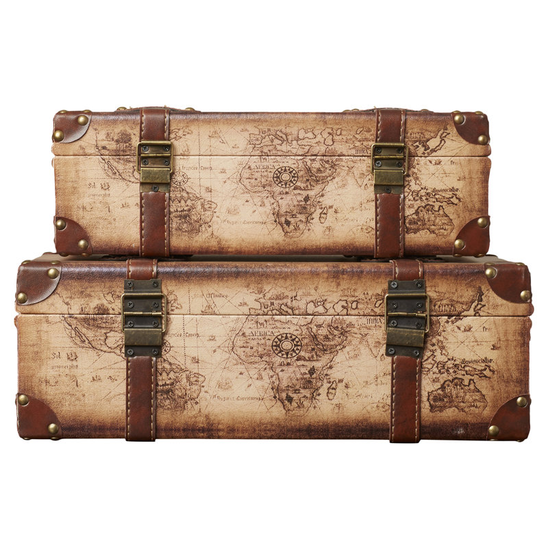 World Menagerie Prem Old World Map Leather Vintage Style 2 Piece Trunk Set Reviews Wayfair